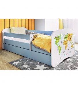 Lit enfant carte du monde bleu avec tiroir et matelas 80x180cm