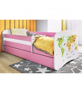 Lit enfant carte du monde rose avec tiroir et matelas 80x180cm