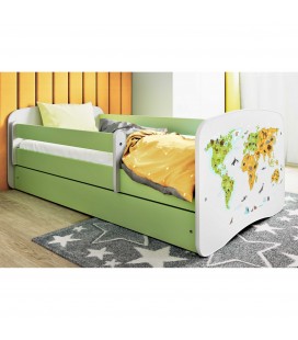 Lit enfant carte du monde vert avec tiroir et matelas 80x180cm