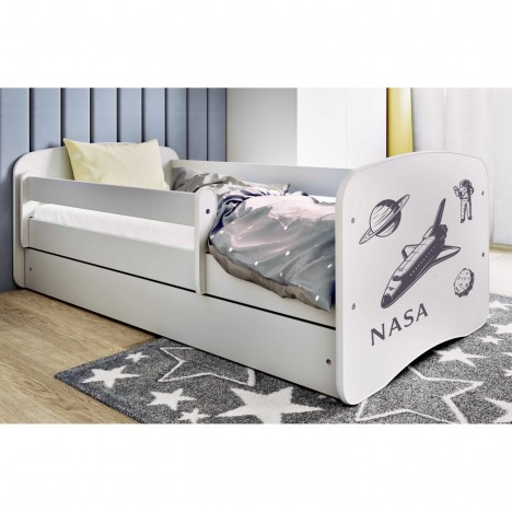 Lit enfant espace NASA blanc avec tiroir et matelas 80x180cm - 