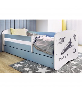 Lit enfant bleu espace NASA avec tiroir et matelas 80x180cm