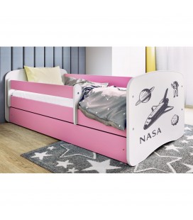 Lit enfant rose espace NASA avec tiroir et matelas 80x180cm