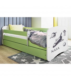 Lit enfant vert espace NASA avec tiroir et matelas 80x180cm
