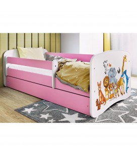 Lit enfant rose animaux du monde avec tiroir et matelas 80x180cm