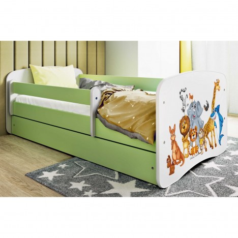 Lit enfant vert animaux du monde avec tiroir avec matelas 80x180cm - 