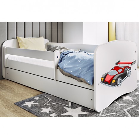 Lit enfant voiture de course blanc avec tiroir et matelas 70x140cm - 