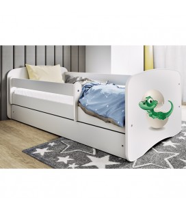 Lit enfant blanc bébé dino avec rangement et matelas 70x140cm