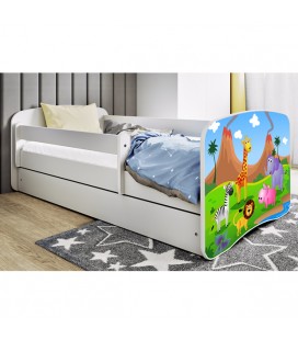 Lit enfant safari savane blanc avec tiroir et matelas 70x140cm