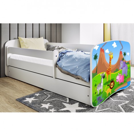 Lit enfant safari savane blanc avec tiroir et matelas 70x140cm - 