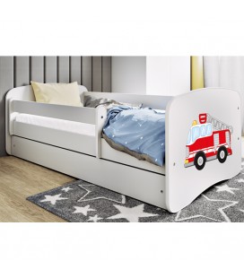 Lit enfant pompier blanc avec rangement et matelas 70x140cm