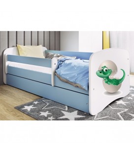 Lit enfant bleu bébé dino avec matelas et rangement 70x140cm