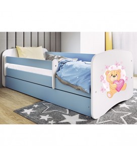 Lit enfant nounours bleu papillons avec matelas et rangement 70x140cm
