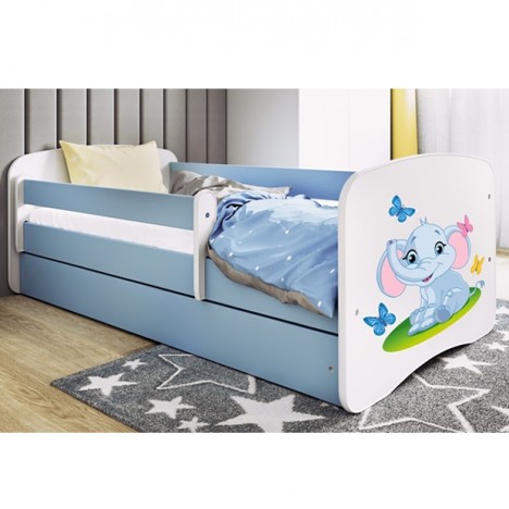Lit enfant bleu bébé éléphant avec tiroir avec matelas 70x140cm - 