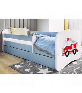 Lit enfant bleu camion pompiers avec matelas et rangement 70x140cm