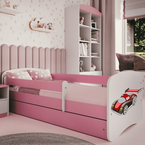 Lit enfant voiture de course rose avec tiroir et matelas 70x140cm - 