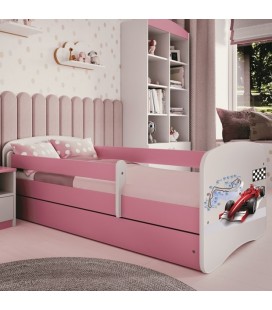 Lit enfant circuit formule 1 rose avec tiroir et matelas 70x140cm