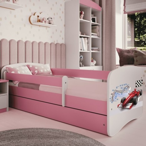 Lit enfant circuit formule 1 rose avec tiroir avec matelas 70x140cm - 