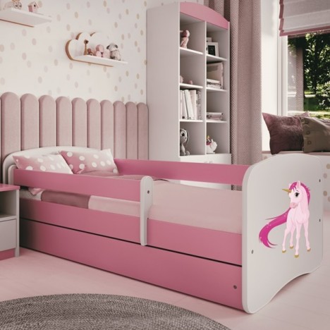 Lit enfant licorne rose avec tiroir et matelas 70x140cm - 