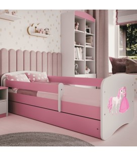 Lit enfant rose princesse cheval avec tiroir et matelas 70x140cm