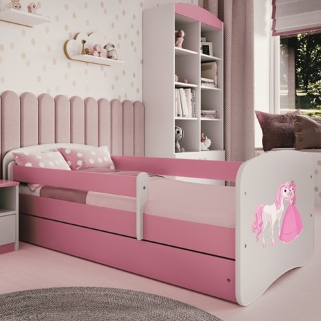 Lit enfant rose princesse cheval avec tiroir avec matelas 70x140cm - 