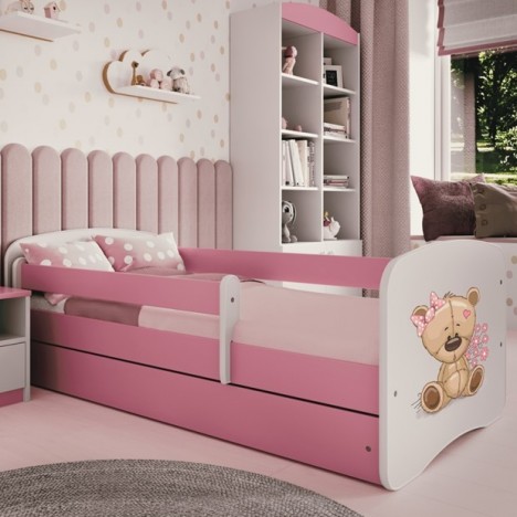 Lit enfant ours en peluche rose fleurs avec tiroir avec matelas 70x140cm - 