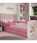 Lit enfant ours en peluche rose fleurs avec tiroir avec matelas 70x140cm - 