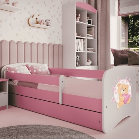 Lit enfant nounours rose papillons avec tiroir avec matelas 70x140cm - 