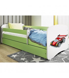 Lit enfant voiture de course vert avec tiroir et matelas 70x140cm