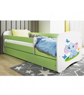 Lit enfant bébé éléphant vert avec tiroir et matelas 70x140cm