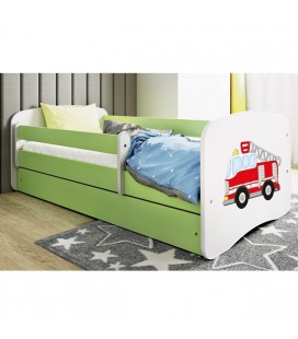 Lit enfant camion pompiers vert avec tiroir et matelas 70x140cm