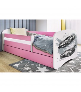 Lit enfant voiture de sport rose avec tiroir et matelas 70x140cm