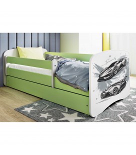 Lit enfant voiture de sport vert avec tiroir et matelas 70x140cm