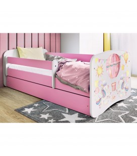 Lit enfant montgolfière et licornes rose avec tiroir et matelas 70x140cm