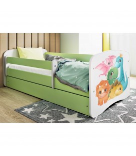 Lit enfant vert petits dinosaures avec tiroir et matelas 70x140cm