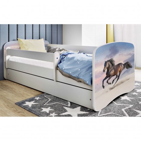 Lit enfant cheval au galop blanc avec tiroir avec matelas 70x140cm - 
