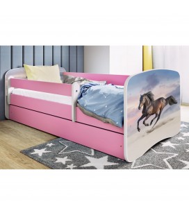 Lit enfant cheval au galop rose avec tiroir et matelas 70x140cm
