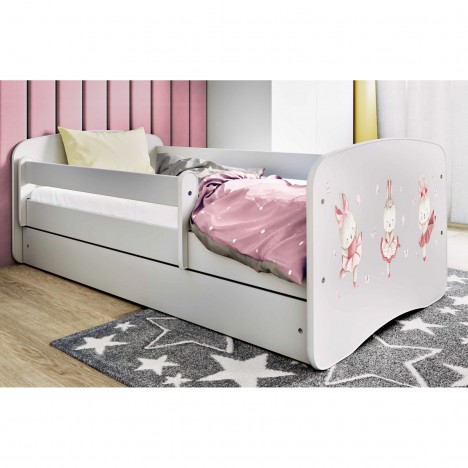 Lit enfant lapins blanc avec papillons avec tiroir avec matelas 70x140cm - 
