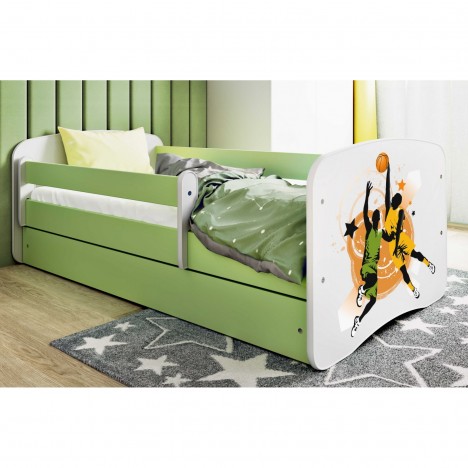 Lit enfant sport basketball vert avec tiroir et matelas 70x140cm - 