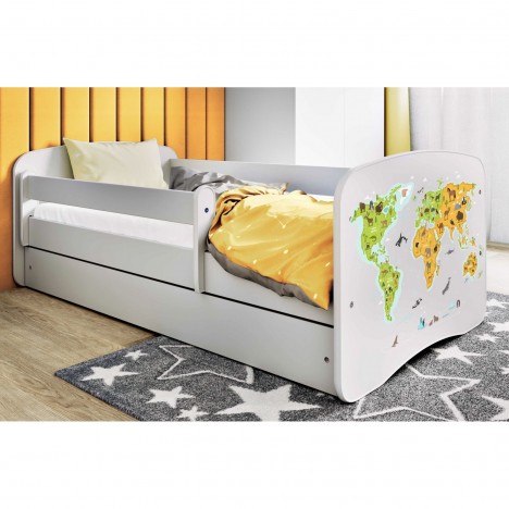 Lit enfant carte du monde blanc avec tiroir avec matelas 70x140cm - 