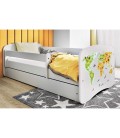 Lit enfant carte du monde blanc avec tiroir avec matelas 70x140cm - 