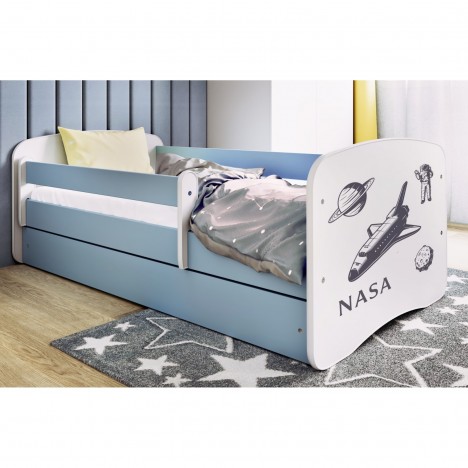 Lit enfant bleu espace NASA avec tiroir et matelas 70x140cm - 