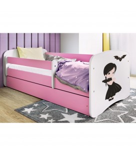 Lit enfant rose Mercredi Famille Adams avec tiroir et matelas 70x140cm