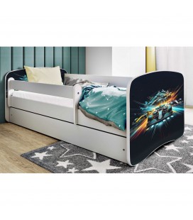 Lit enfant course blanc avec tiroir et matelas 70x140cm