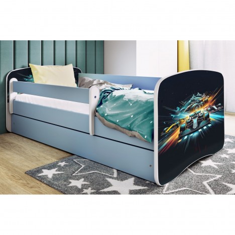 Lit enfant course bleu avec tiroir avec matelas 70x140cm - 