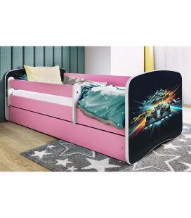 Lit enfant course rose avec tiroir et matelas 70x140cm