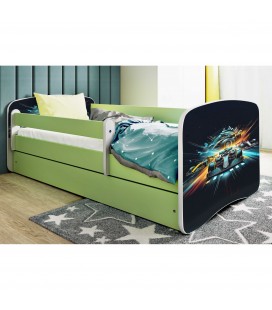 Lit enfant course verte avec tiroir et matelas 70x140cm