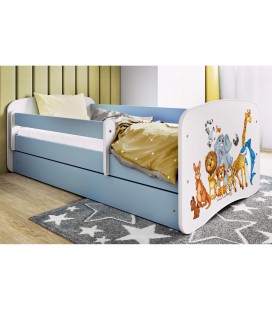 Lit enfant bleu animaux du monde avec tiroir et matelas 70x140cm