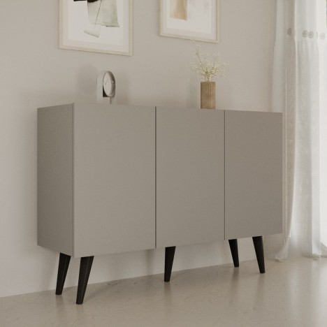 Bahut 120cm gris 3 portes 6 espaces de rangement Toriny
