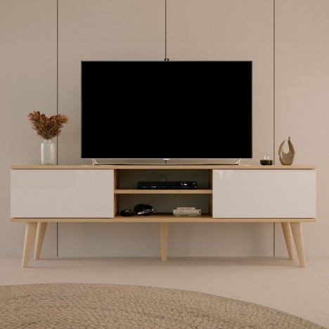 Meuble TV 160cm bois et blanc 2 placards 2 cases Toriny