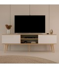 Meuble TV 160cm bois et blanc 2 placards 2 cases Toriny